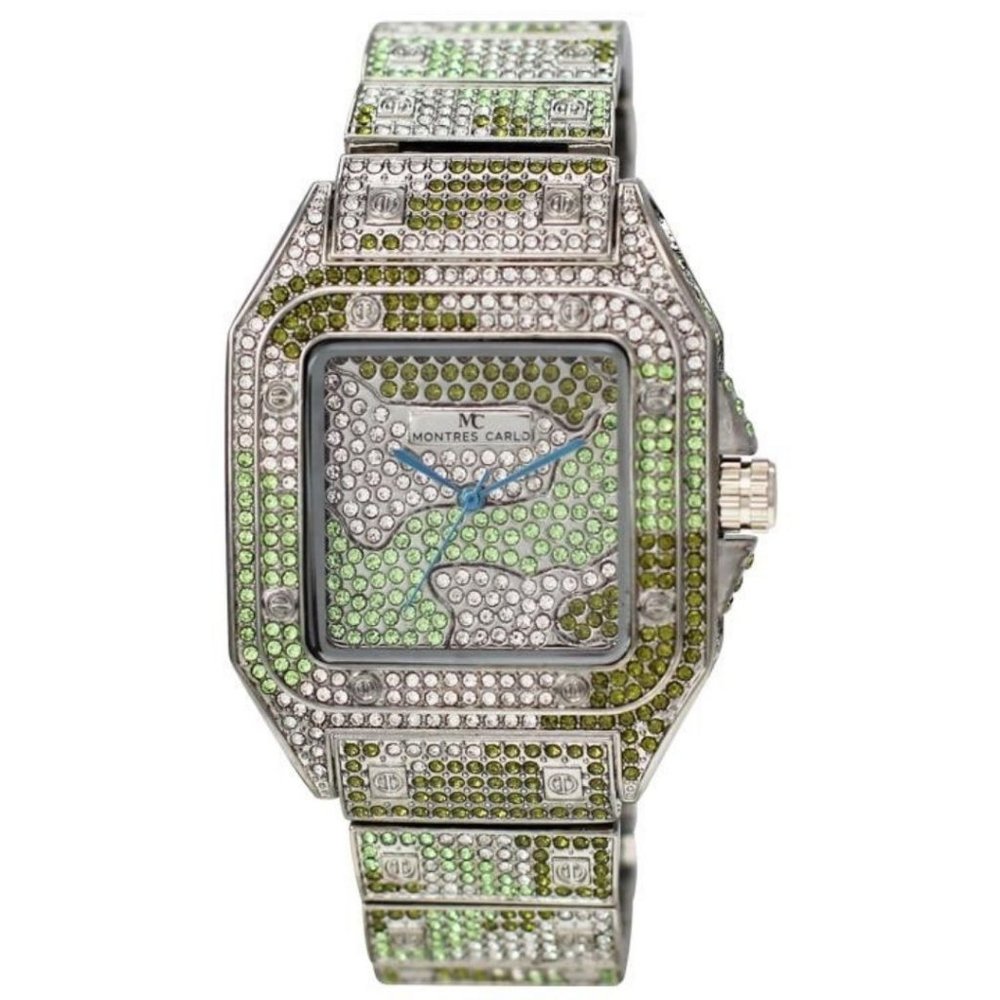 54mm Montres Carlo Men Rapper Hip Hop Luxury Silver Green Stones Clubbing Watch